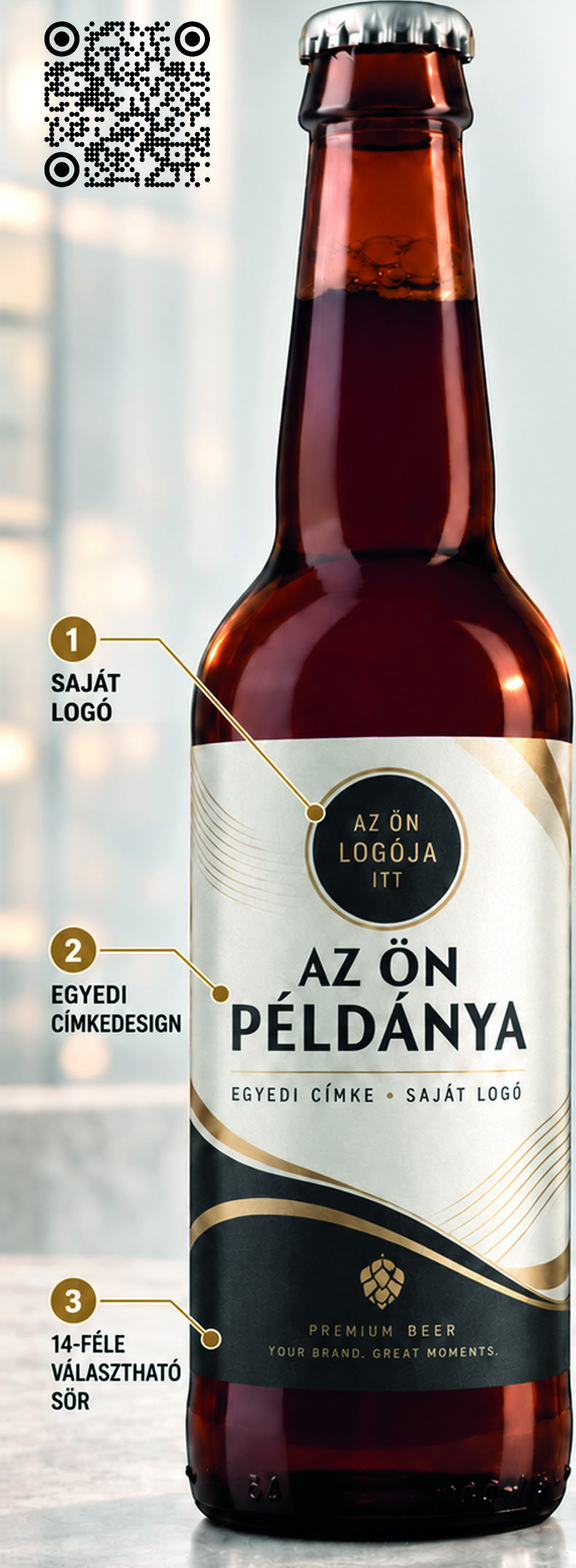 Egyedi arany-fekete címkés barna sörösüveg az Ön logójával
